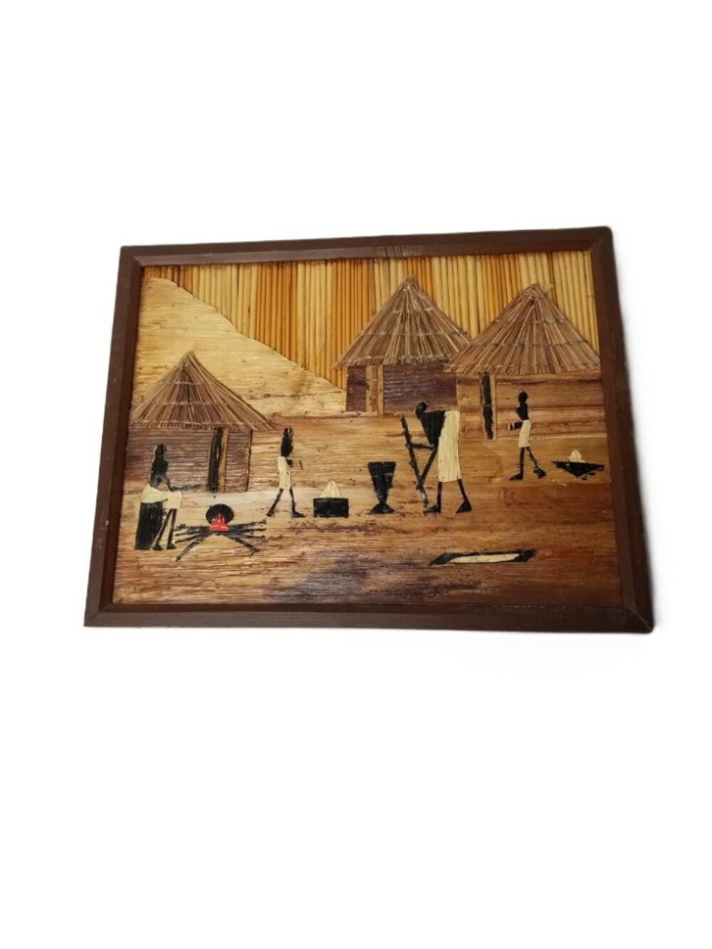 African Wall Art Bamboo Village Scene Framed Handmade Boho Global Decor 18x14